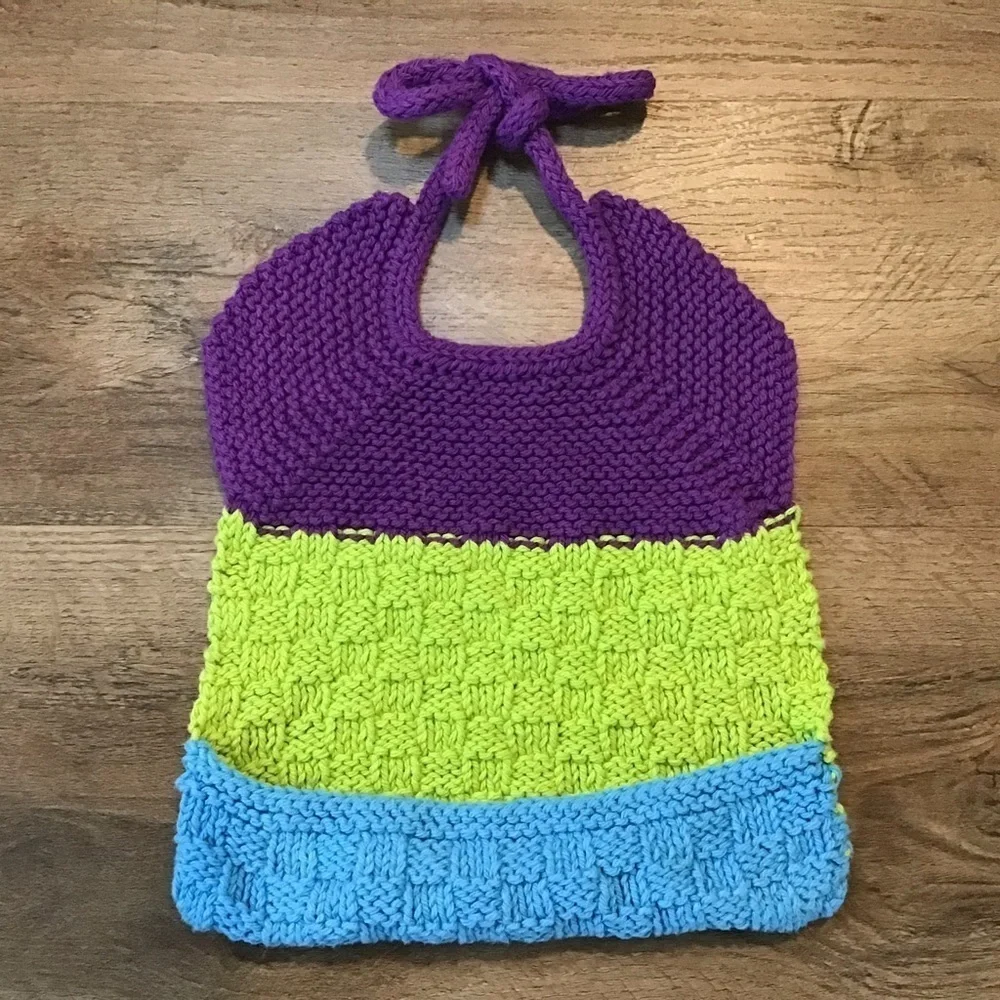 VINTAGE Handmade Knitted Baby Bib Purple Green Blue 80’s 90’s